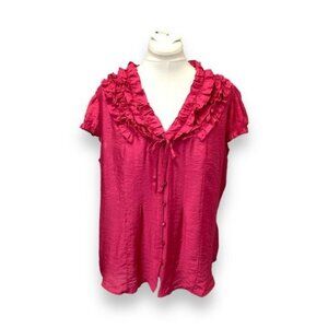 Millenium Women’s Cap Sleeve Button Down Ruffle Neck Shirt, Pink, size 2X